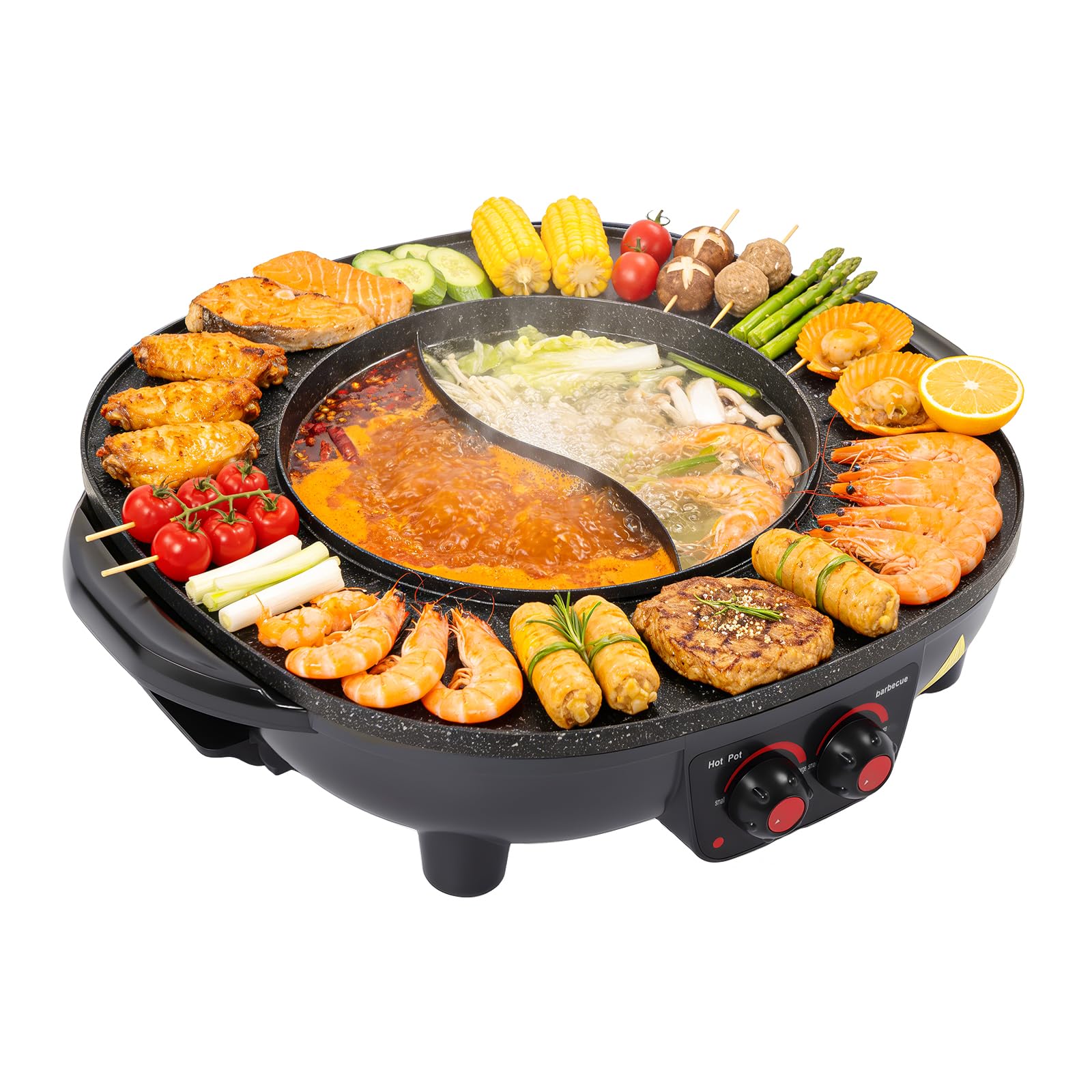Electric Hot Pot e grill, 2000 W, padella elettrica multifunzione, capacità 3 l, con coperchio, manico del coperchio, per interni, coreano, barbecue, fonduta e raclette XXL, per 5-6 persone