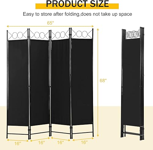 Miniatura 2 de Divisor de habitación plegable de 4 paneles de 68 pulgadas de alto, marco de acero plegable, divisor de privacidad independiente, divisor de