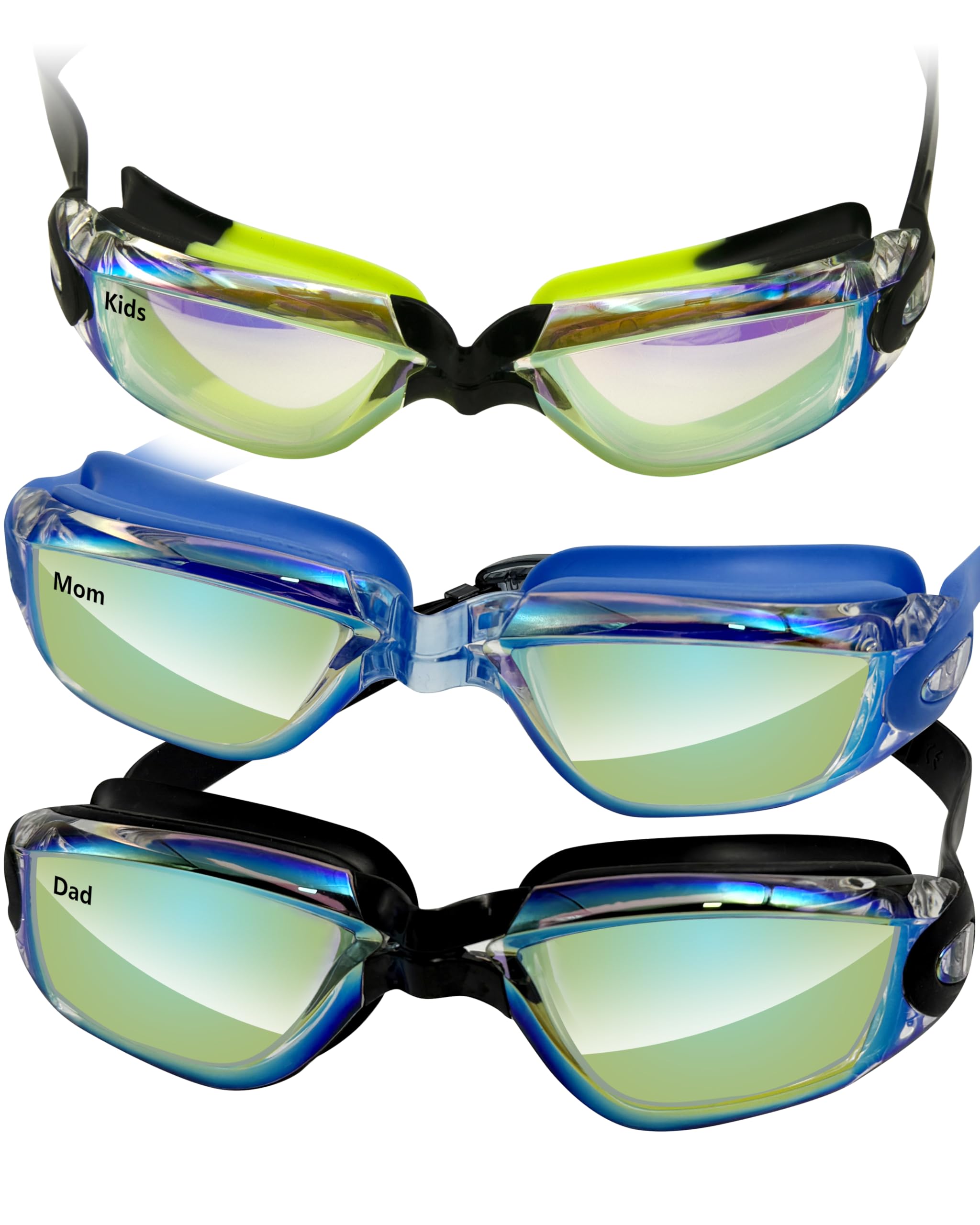 SHYIFOO Swimming Goggles 3-Pack Family Set, Anti-Fog & Leak-Proof Adult and Kids Swim Goggles (6-14 Years) with UV Protection | Adjustable Comfort Fit for Family Swimming & Training