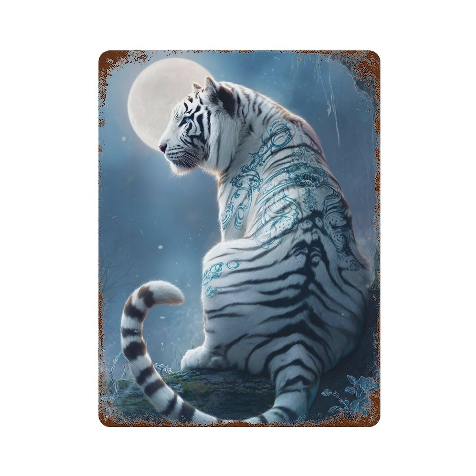 Enchanted White Tiger Moonlit Forest Decorative Tin Sign 15.7"x11.8", for Bistro, Counter And Cafe Decor, Novelty Wall Decor