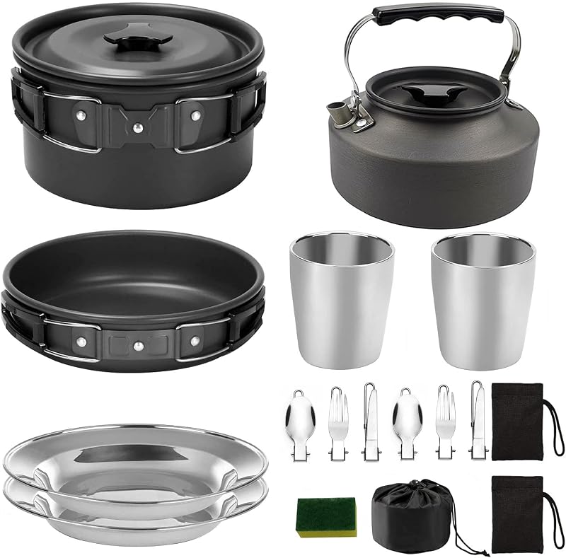 Peidesi 15pcs Camping Cookware Mess Kit,Portable Non-Stick Aluminum Alloy Cookware,Kettle Pot Frying Pan Plates Forks Knives Spoons for Camping, Backpacking, Outdoor Cooking(Black)