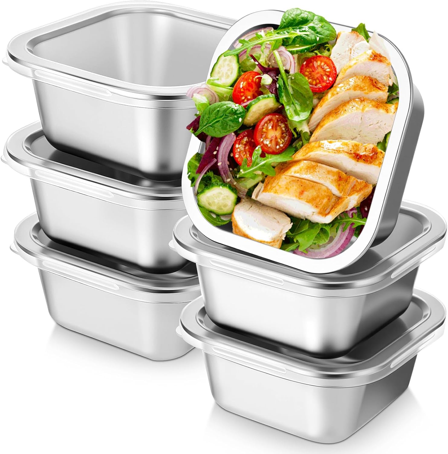 6 Pcs Stainless Steel Food Storage Containers with Lids Metal Lunch Bento Box Reusable Stackable Meal Prep Container for Kitchen Picnic Travel Dishwasher Safe (30 oz)