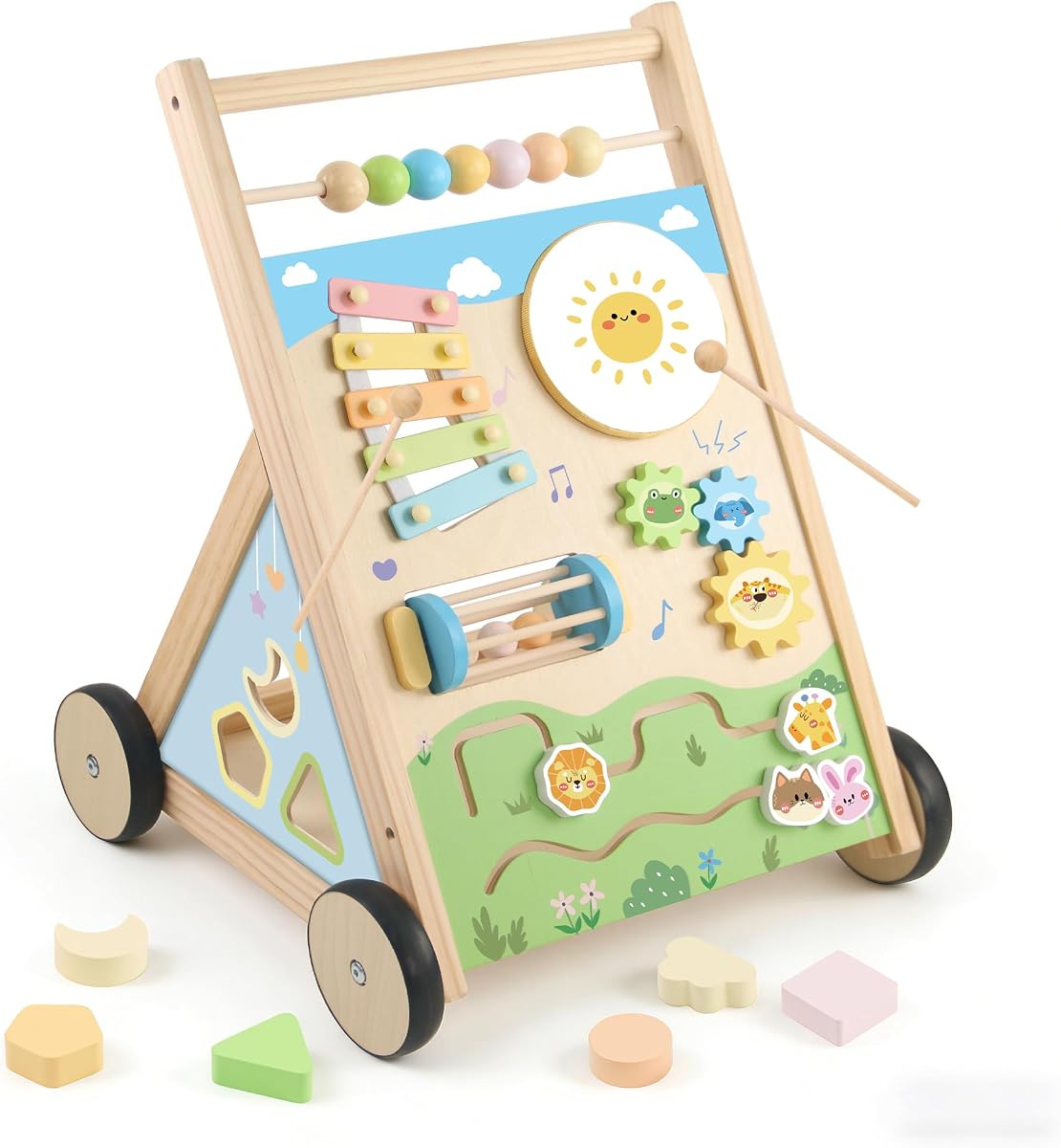 Wooden Baby Walker with Wheels Baby Push Walker Montessori Walker Toy | Baby Walker Includes Montessori Sensory Toys and Activity Center 6-18 Months for Boys and Girls