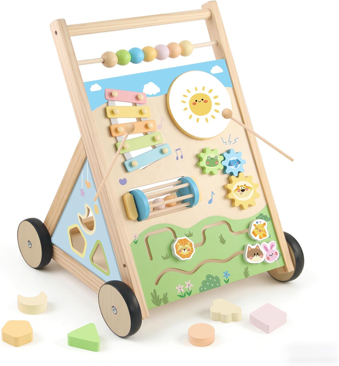 Wooden Baby Walker, Baby Walker with Wheels, Includes Montessori Sensory Toys and Activity Center, 6-18 Months for Boys and Girls