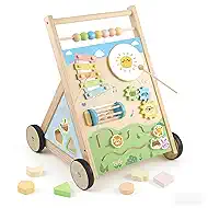 Wooden Baby Walker, Baby Walker with Wheels, Includes Montessori Sensory Toys and Activity Center, 6-18 Months for Boys and Girls
