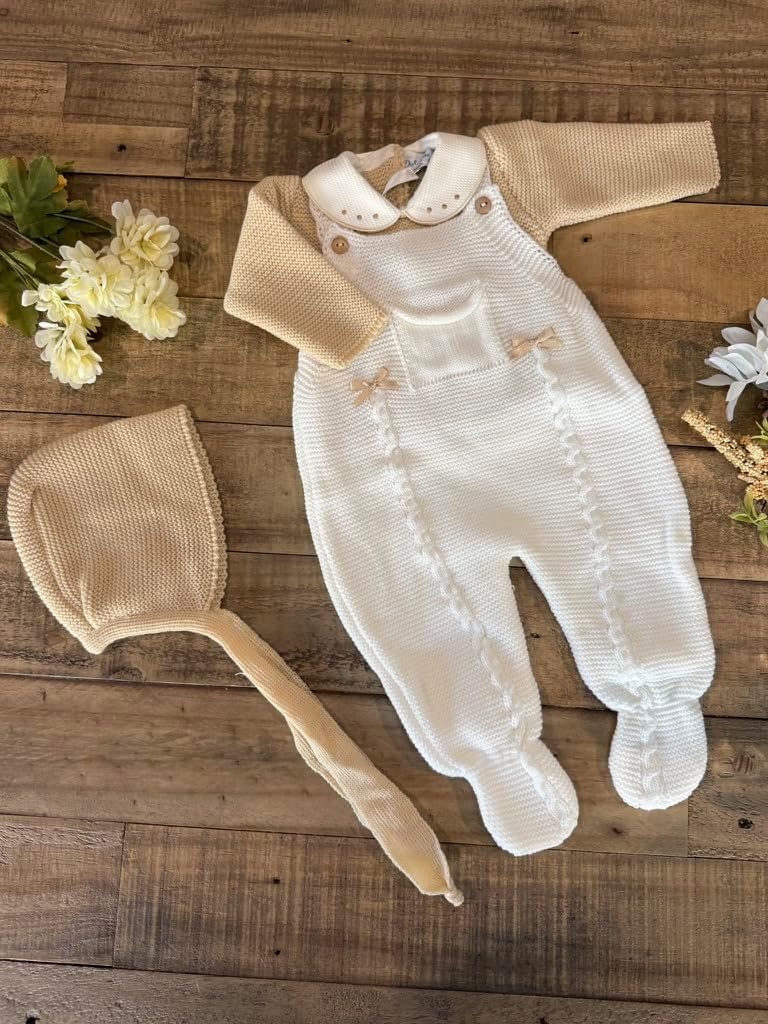 3-Piece Baby Outfit Set Knitted Infant Romper Long Sleeve Sweater Hat Overalls Boys Girls - Made in Spain