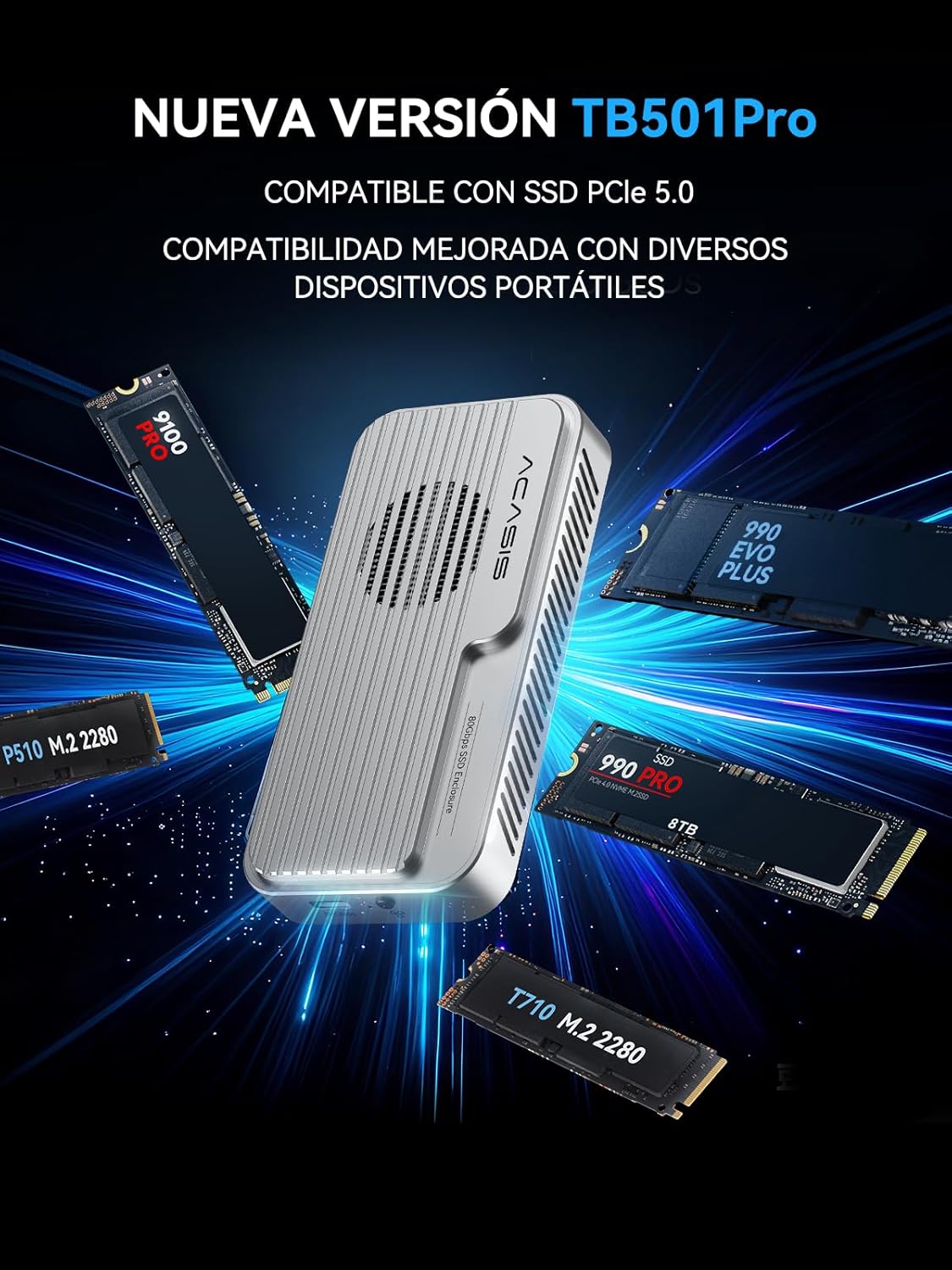 ACASIS 80Gbps M.2 NVMe SSD Enclosure, with Cooling Fan, Compatible with Thunderbolt5/USB4 V2.0, Back Compatible with Thunderbolt4/USB4 V1.0, USB3.2/3.1/3.0 (TB501 Pro) (Silver) - Image 3