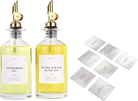 Molimoli Oil and Vinegar Dispenser with Metal Pour Spout, Glass Bottle Dispenser for Kitchen | Pantry Labels, Organization Labels Set with Oil Labels for Bottles, White labels 350ml Bottles Gold