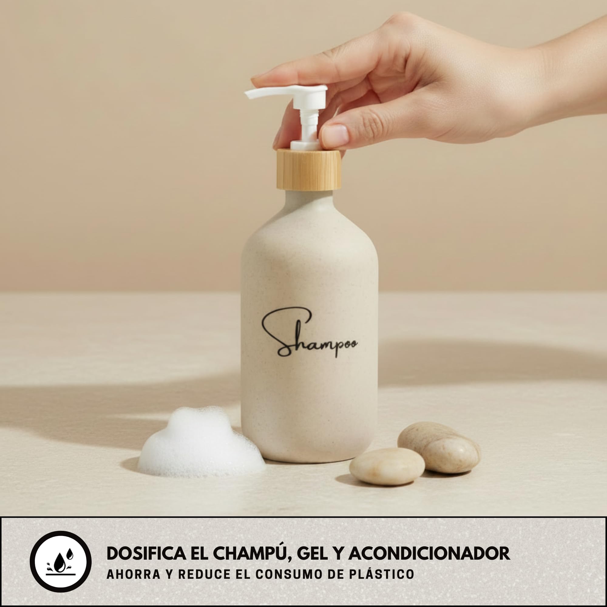 Dispensador jabon baño 500ml Beige con Detalle de bambú - Set de 3 Botes para Gel y champu acondicionador - Dosificador jabon baño Elegante y Funcional para Mantener la Ducha ordenada y Decorada