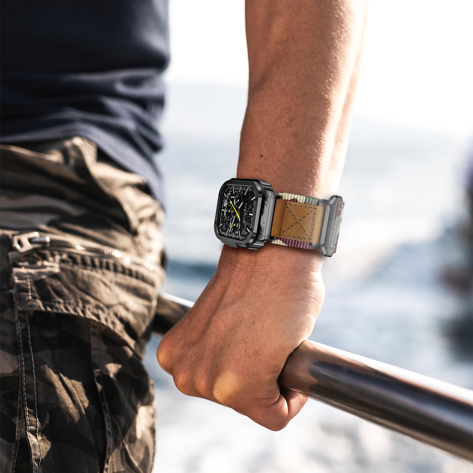 SUPLINK Coque en acier inoxydable avec bracelet en nylon compatible avec Apple Watch 38/40/41/42/44/45/49 mm, bracelet de protection antichoc en métal pour iWatch Ultra 2/1 Series 9/8/7/6/5/4/3/2/1/SE