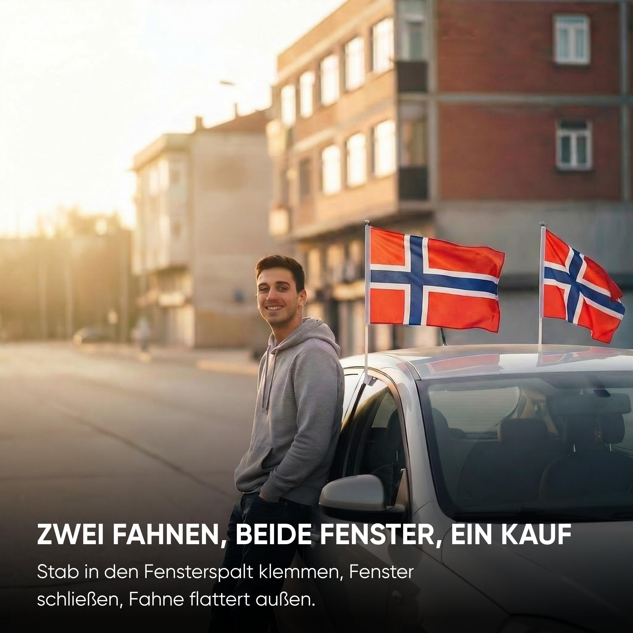 Auto Fahnen Norwegen Set - 2 Autofahnen 30 x 45 cm & 2 Außenspiegelfahnen Überzieher, Fußball Fanartikel FZG für EM & WM, Norwegen Flagge Fahrzeug Deko