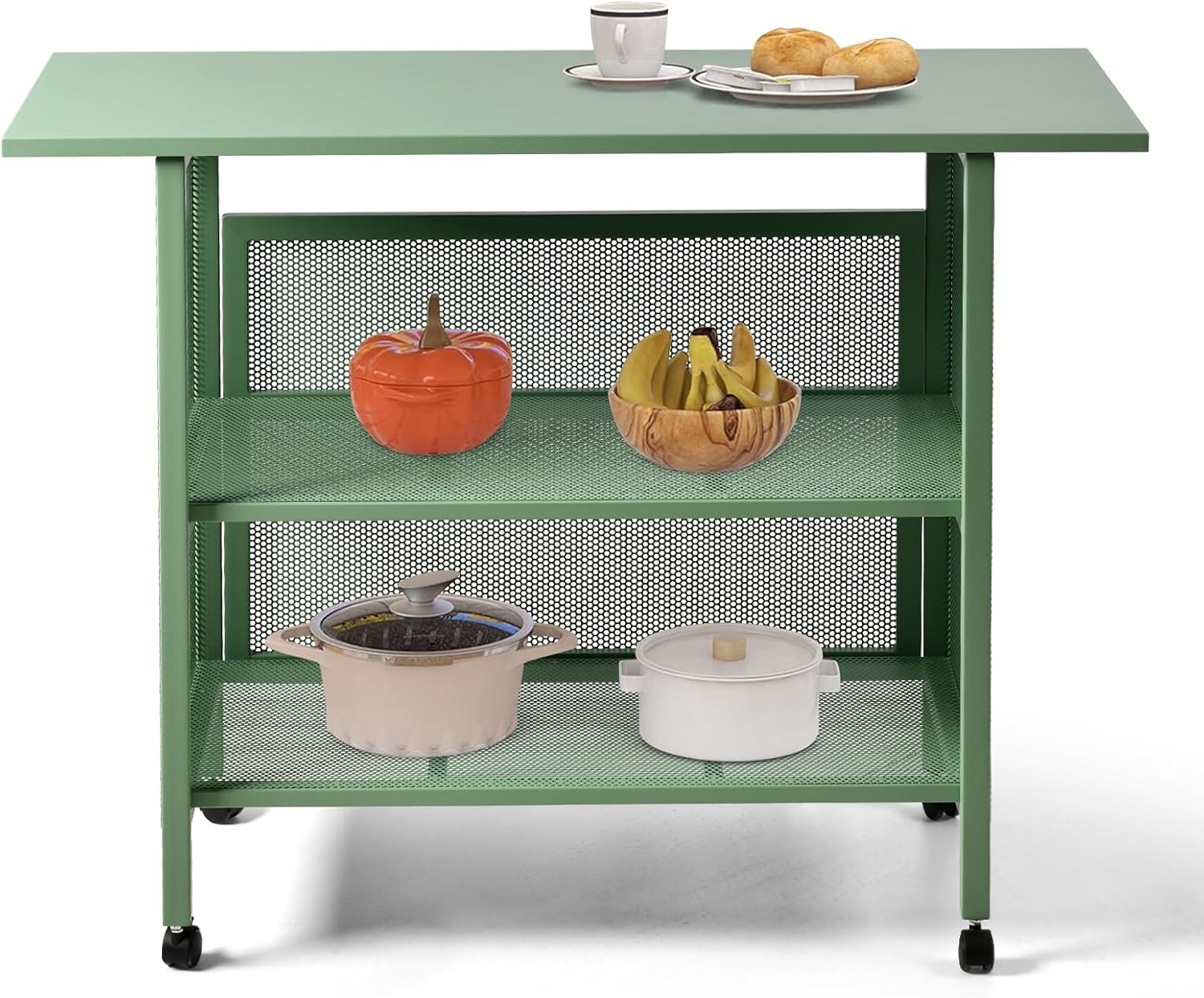3-Tier Mesh Kitchen Cart with 47.2"x19.7" Top Shelf,Heavy Duty Metal Frame, Rubber Wheels for Easy Mobility, Ideal for Home, Kitchen, Restaurant, Bar Storage and Serving (Fresh Green)