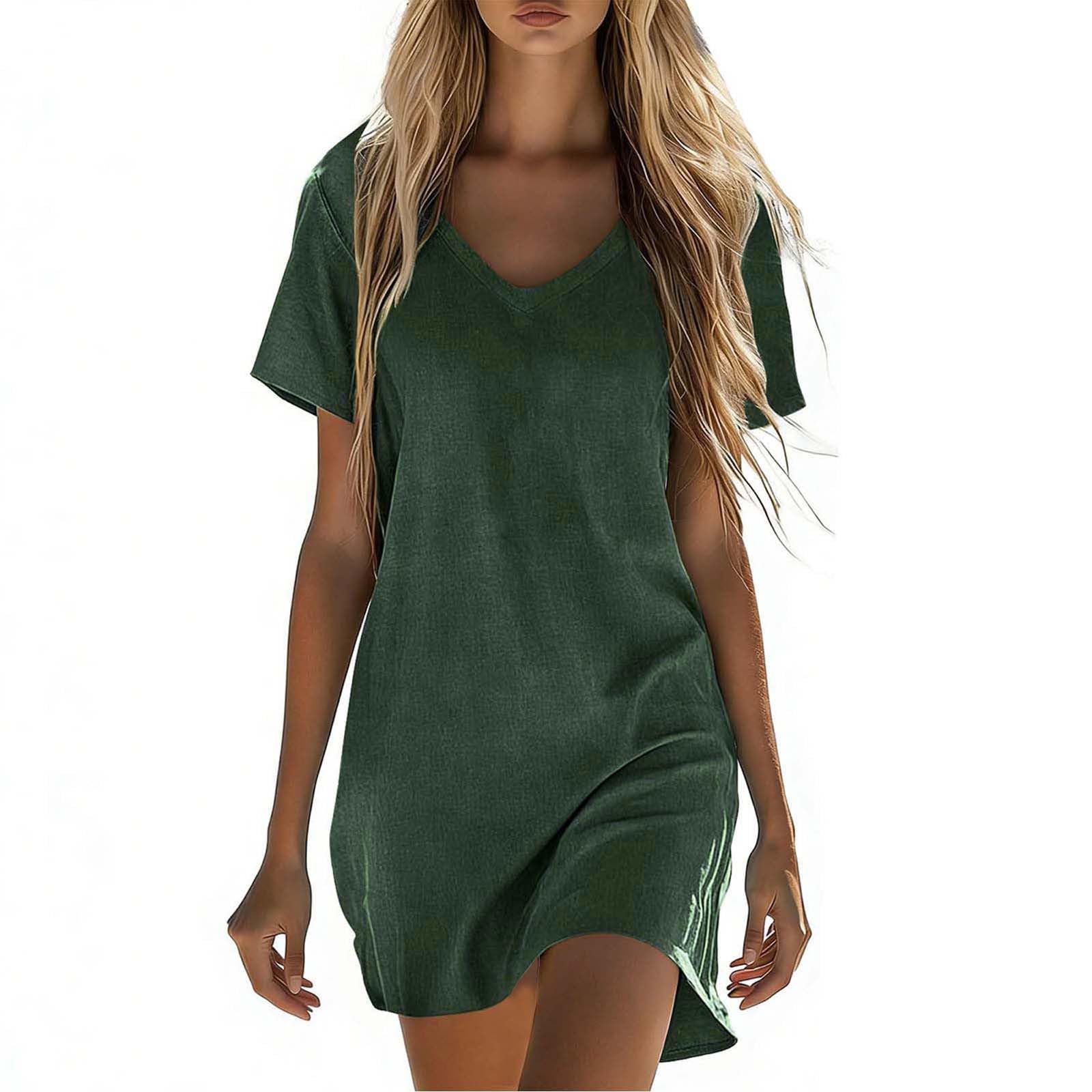 RLEHJN Sommerkleid Damen Midi,Baumwolle Leinen Kleid Kurzarm Saum Taille Freizeitkleid V-Ausschnitt Sommerkleid Damen Leicht und Luftig Casual Strandkleid Einfarbig Midikleid Tshirt Kleid S-5XL