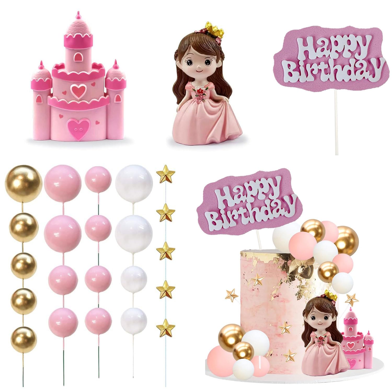 Gansdnek 22 Pcs Princess Cake Decorations, Princess Cake Toppers Pink, Girl Doll Cake Decoration, Girl Cake Decoration with Castle Stars for Wedding Birthday Party Baby Shower