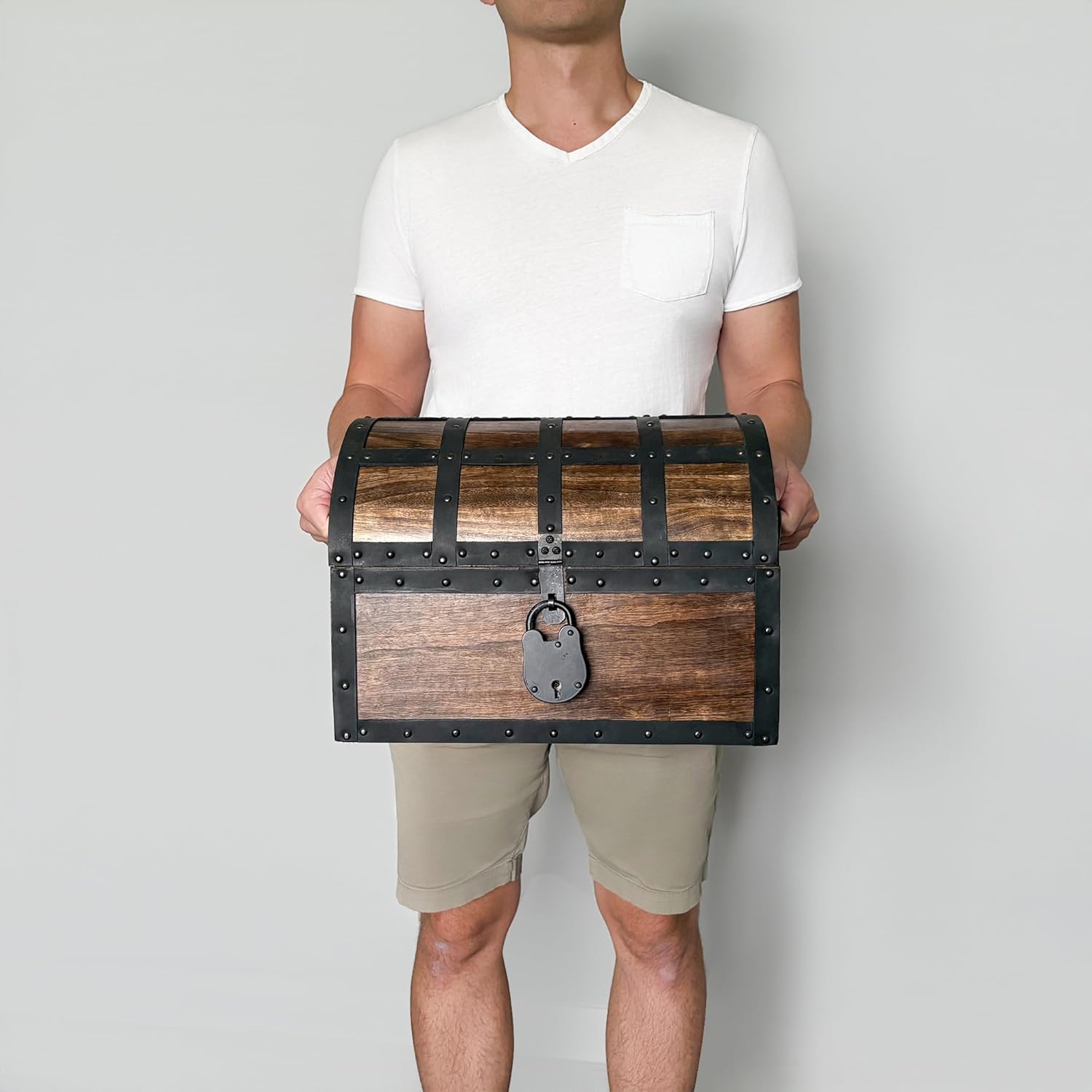 Nautical Cove Handmade Wooden Treasure Chest Storage Box – Deluxe Design with Real Leather Accents, Working Iron Lock & Skeleton Keys, Decorative Keepsake Chest (X-Large - 15 × 11 × 11")