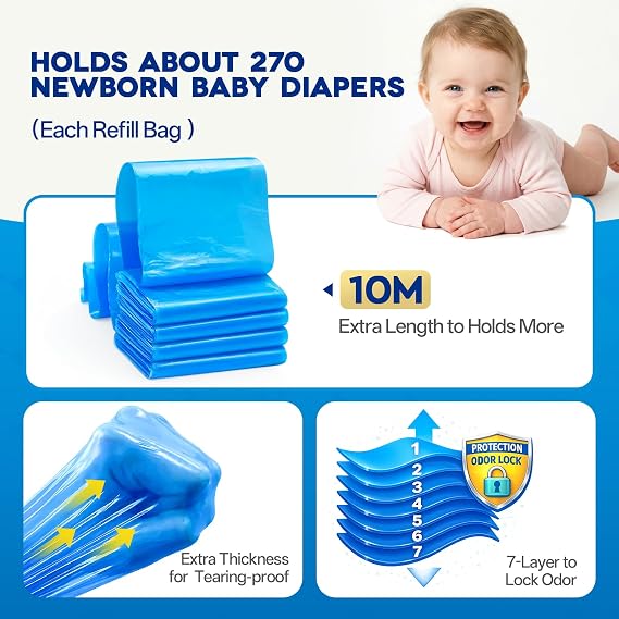 8 Pack Nappy Bin Refill Bags,10M Each Nappy Bags 7-layer&Anti-Odor