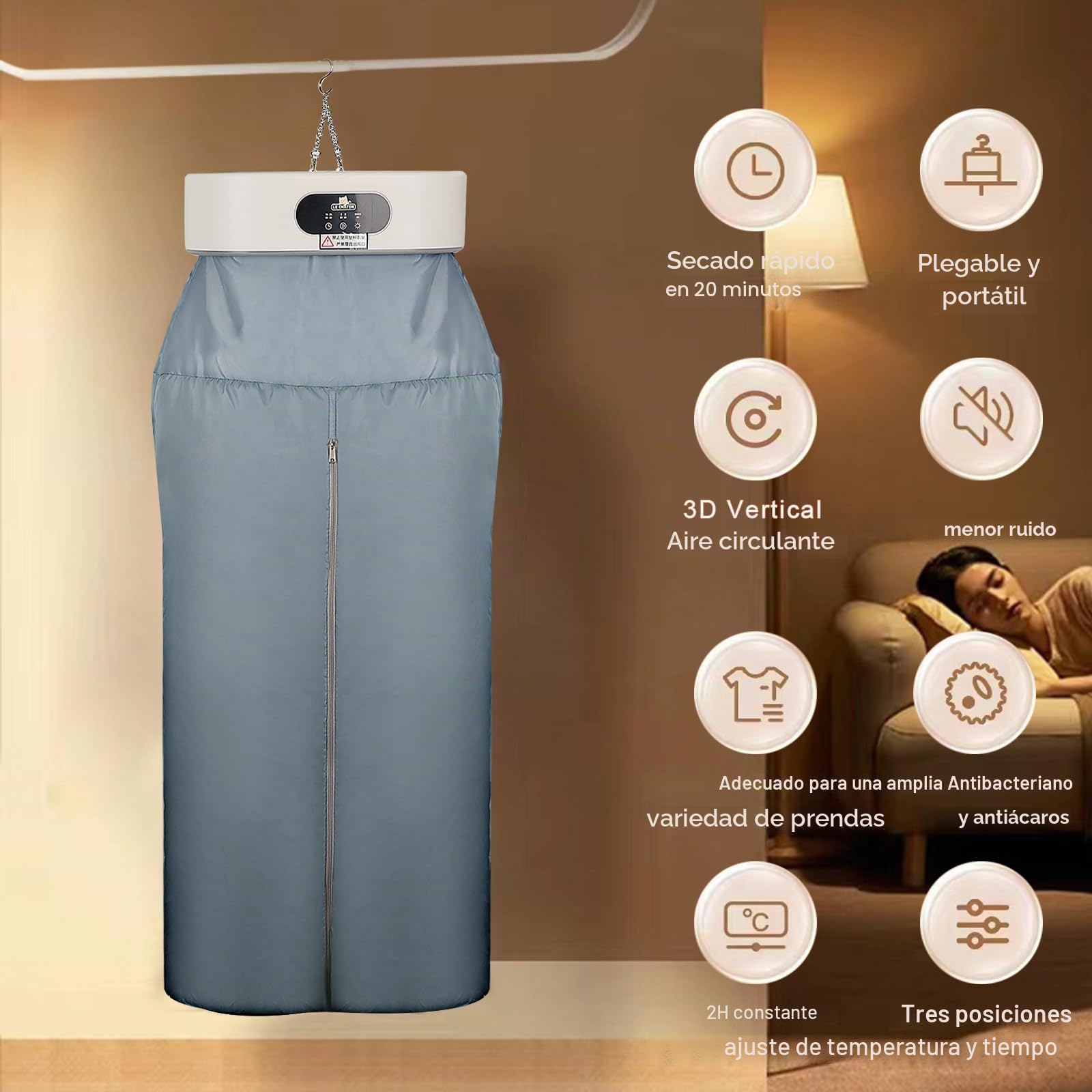 Secador de ropa, secadora portátil para apartamentos, viajes, dormitorios, caravanas, control de tiempo, calefacción PTC. Bolsa seca y perchas. Adecuado para ropa, ropa interior, ropa de bebé