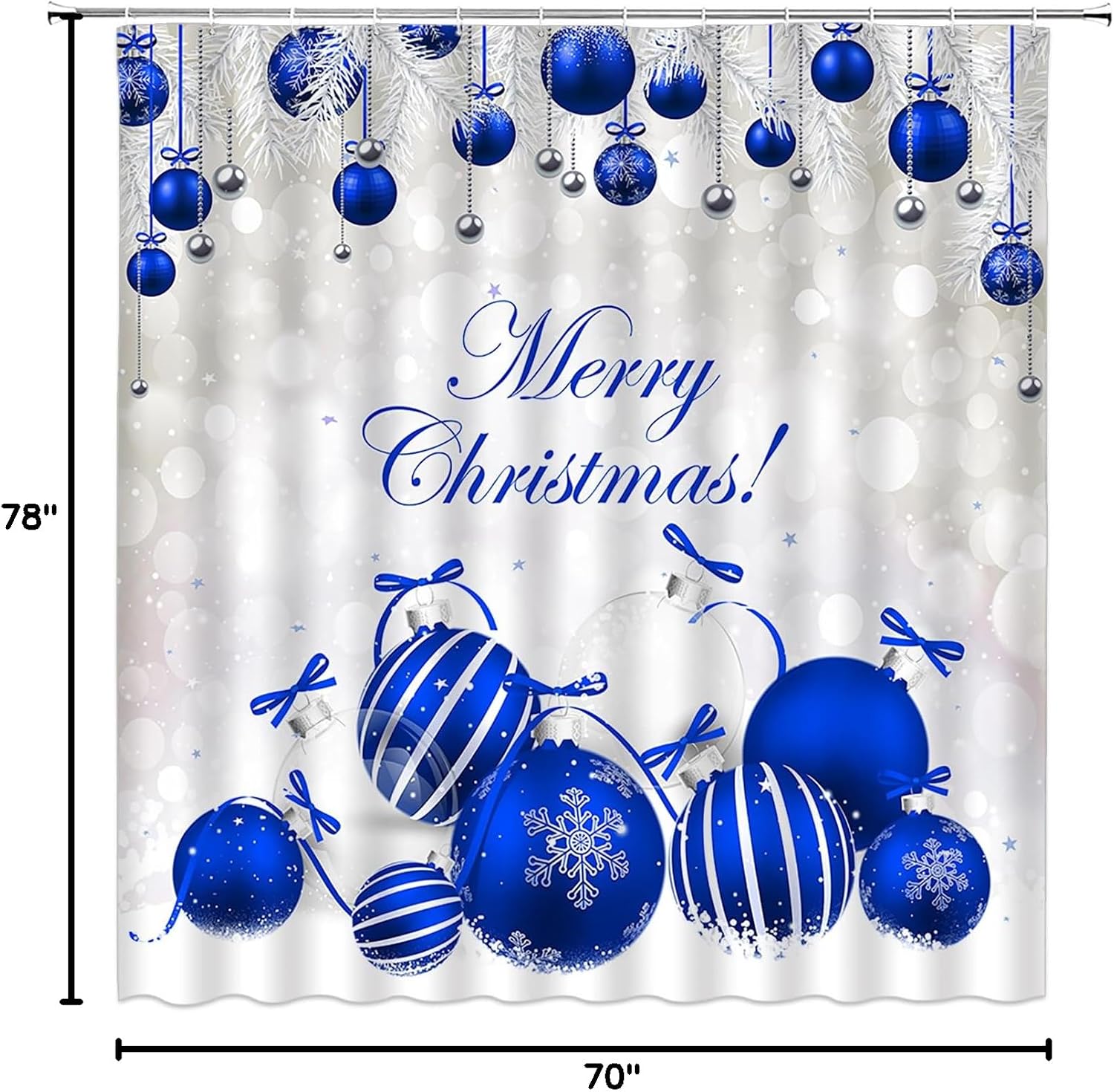 Christmas Ball Shower Curtain Blue Xmas Ball Twigs Snowflake Winter Holiday Fantasy White Gray Extra Long Bathroom Decor Curtain with Hooks,70" Wx78 H