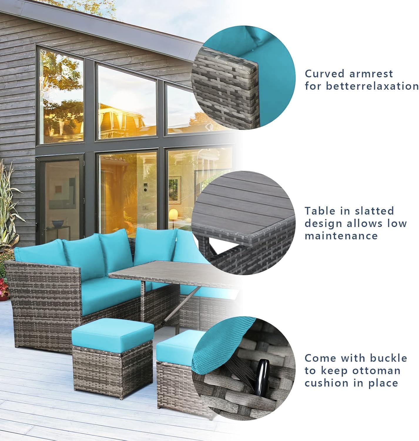 Close-up images highlighting features of the AECOJOY patio set: curved armrest, slatted table design, and buckle to secure ottoman cushions.