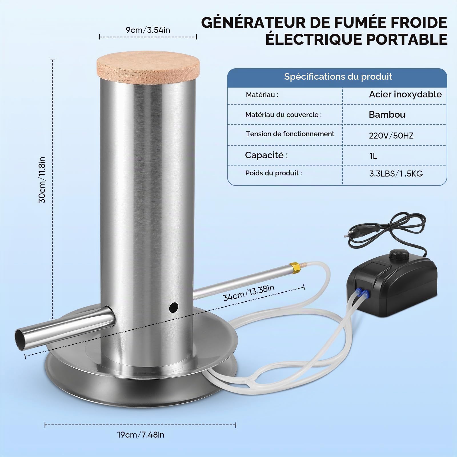 Générateur de Fumée Froide en Acier Inoxydable,Fumoir a Froid Fumoir Ggénérateur de Fumeur pour Fumoir Viande et Poisson avec Pompe et Tube Verseur Amovible,Générateur de Fumée Froide pour Barbecue