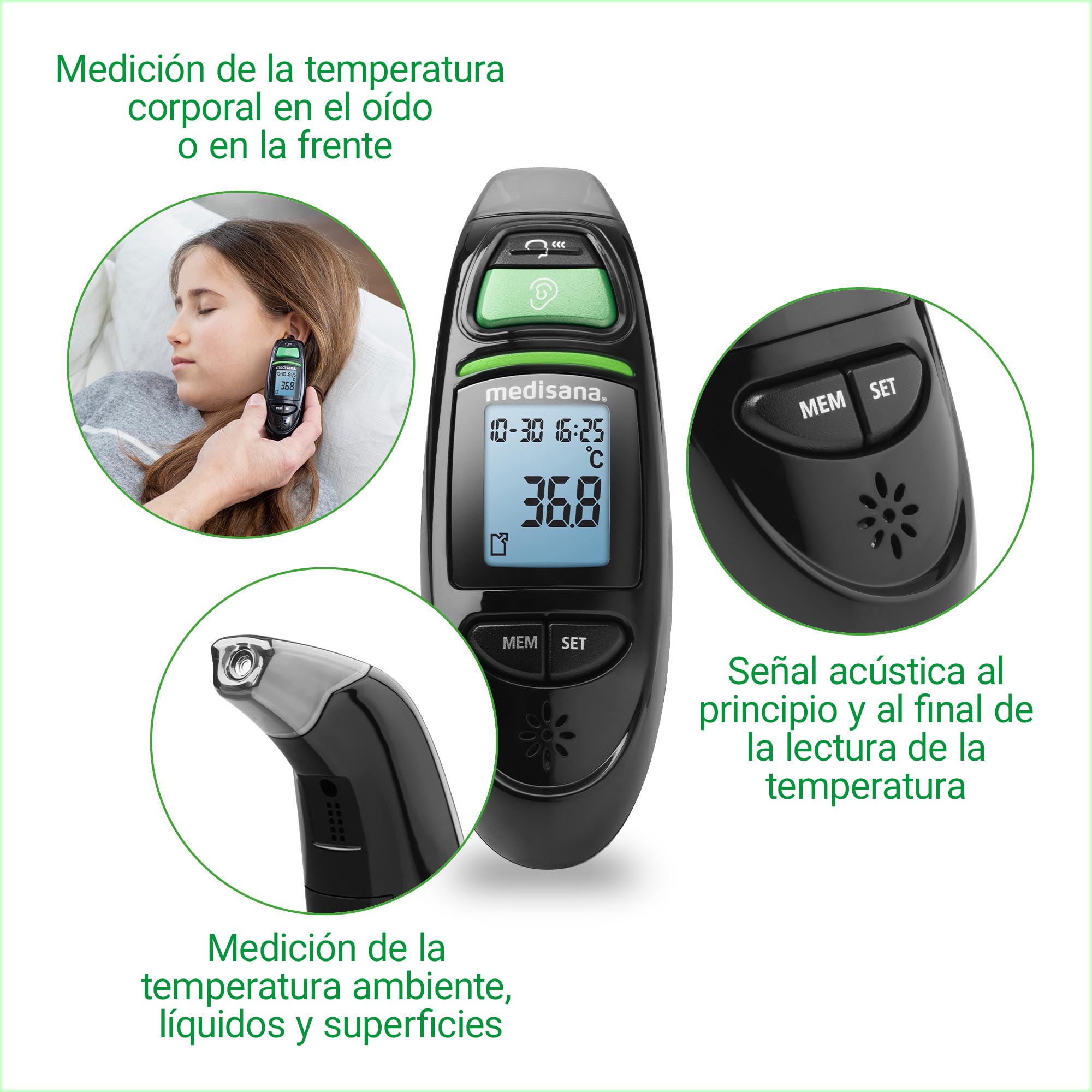 medisana TM 750 negro termómetro clínico digital 6 en 1 termómetro de oído para bebés, niños y adultos, termómetro de frente con alarma visual de fiebre y función de memoria