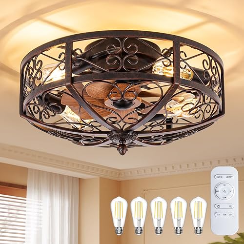 TIFEROR Rustic Ceiling Fan with Light, 4 - E26 Lamp Vintage Ceiling Fan, 20" Modern Enclosed Ceiling Fan with Remote Control, for Hallway, Kitchen, TIFEROR Rustic Ceiling Fan with Light, 4 - E26 Lamp Vintage Ceiling Fan, 20" Modern Enclosed Ceiling Fan with Remote Control, for Hallway, Kitchen,