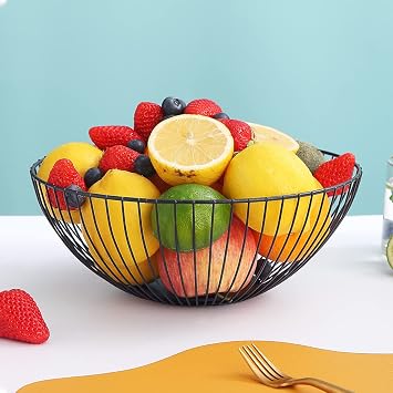 HOMQUEN Fruit Basket, Fruit Bowl, Fruit Basket Made of Metal Wire for Kitchen, Fruit Bowl for Kitchen Counter, Basket for Fruit, Vegetables, Bread, Snacks, Kitchen Helper (Round Short, Black)