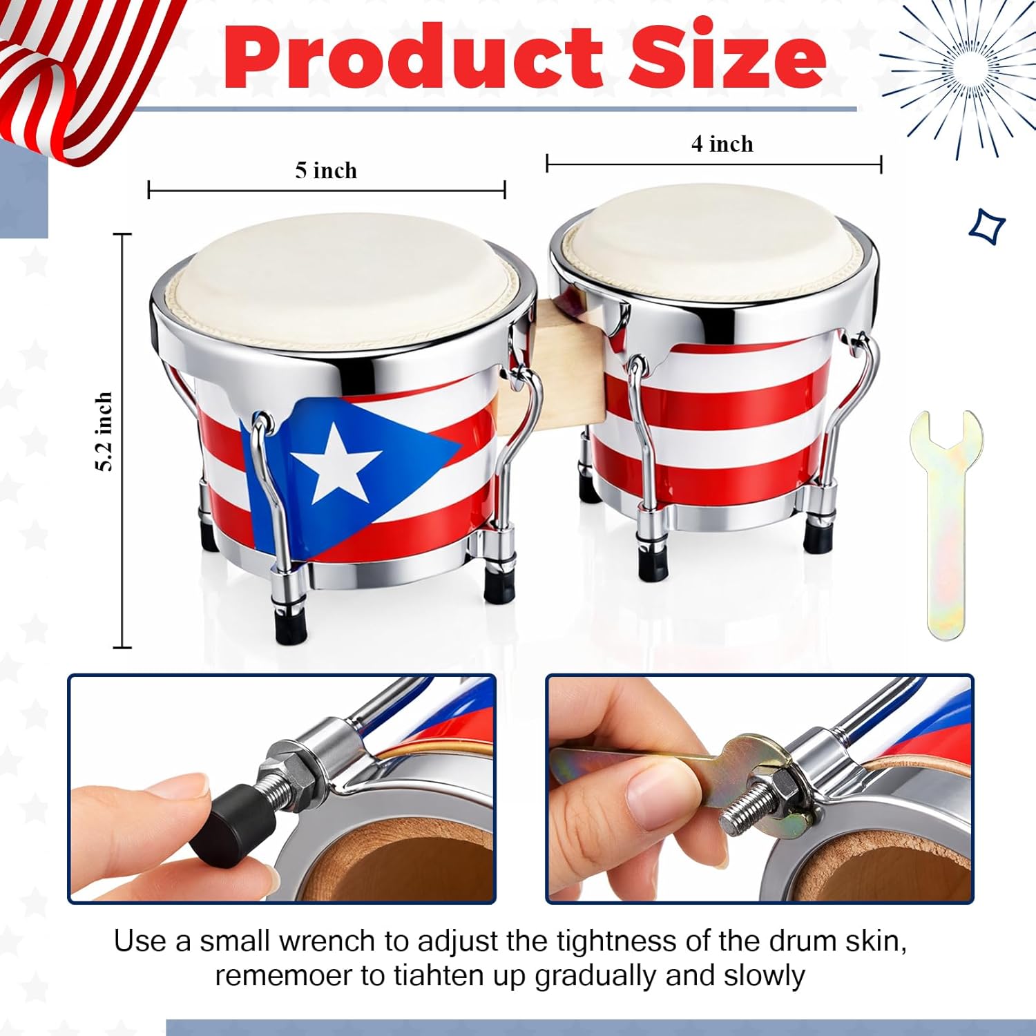 Mini Puerto Rico Bongo Drums, 5" and 4" Set, Percussion Instrument Tunable Drum, Puerto Rican Bongo Drum Set for Memorial Day, San Juan Festival and Boricua Cultural Celebration