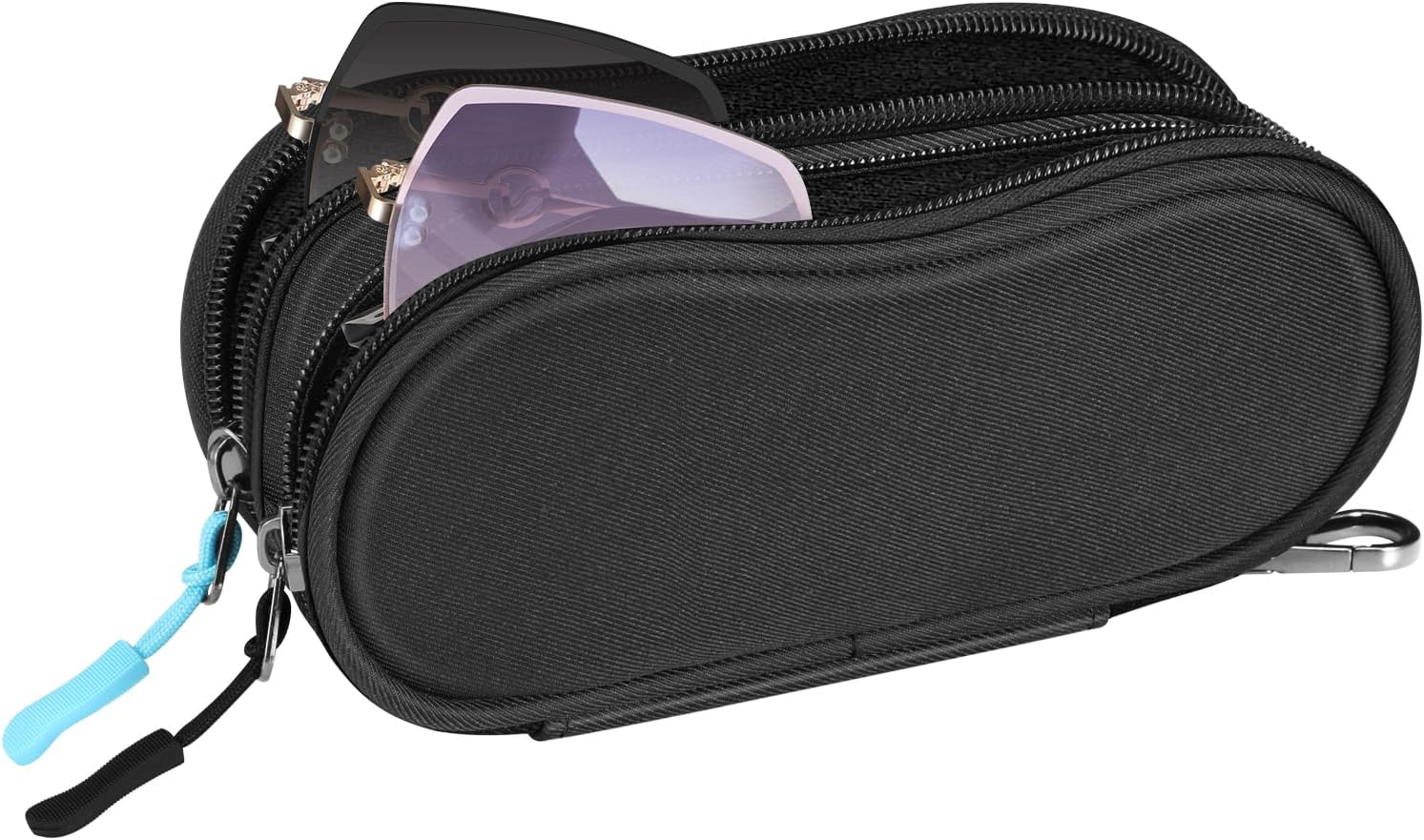 FINTIE Double Sunglasses Case, Soft Portable Eyeglasses Pouch with Carabiner Clip, Dual Zipper Compartments for Men Women, Black