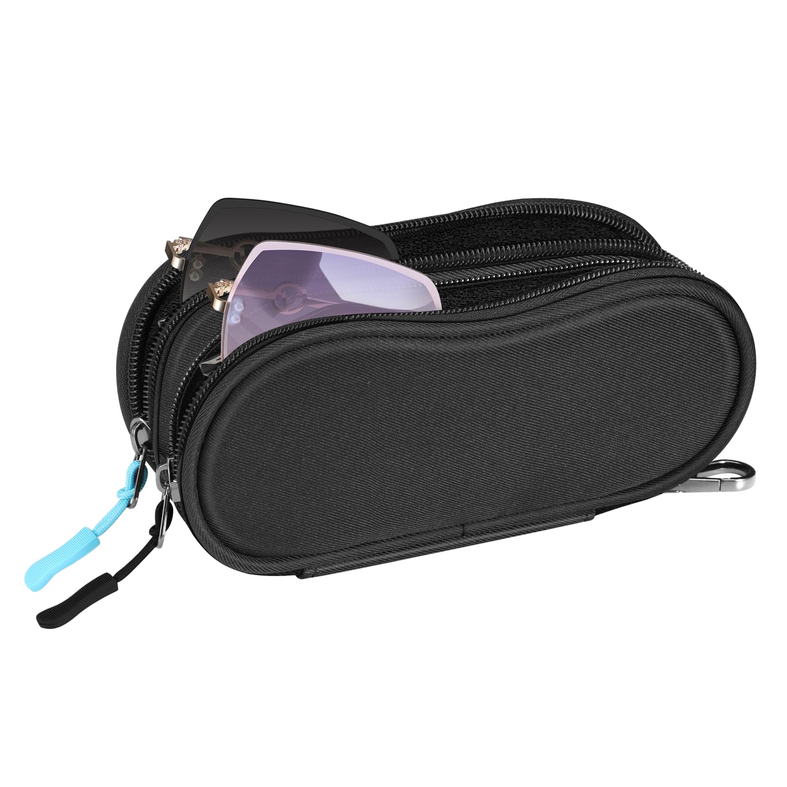 FINTIE Double Glasses Case for Men Women, Soft Portable Sunglasses Pouch with Clip, Dual Zipper Compartments, Black