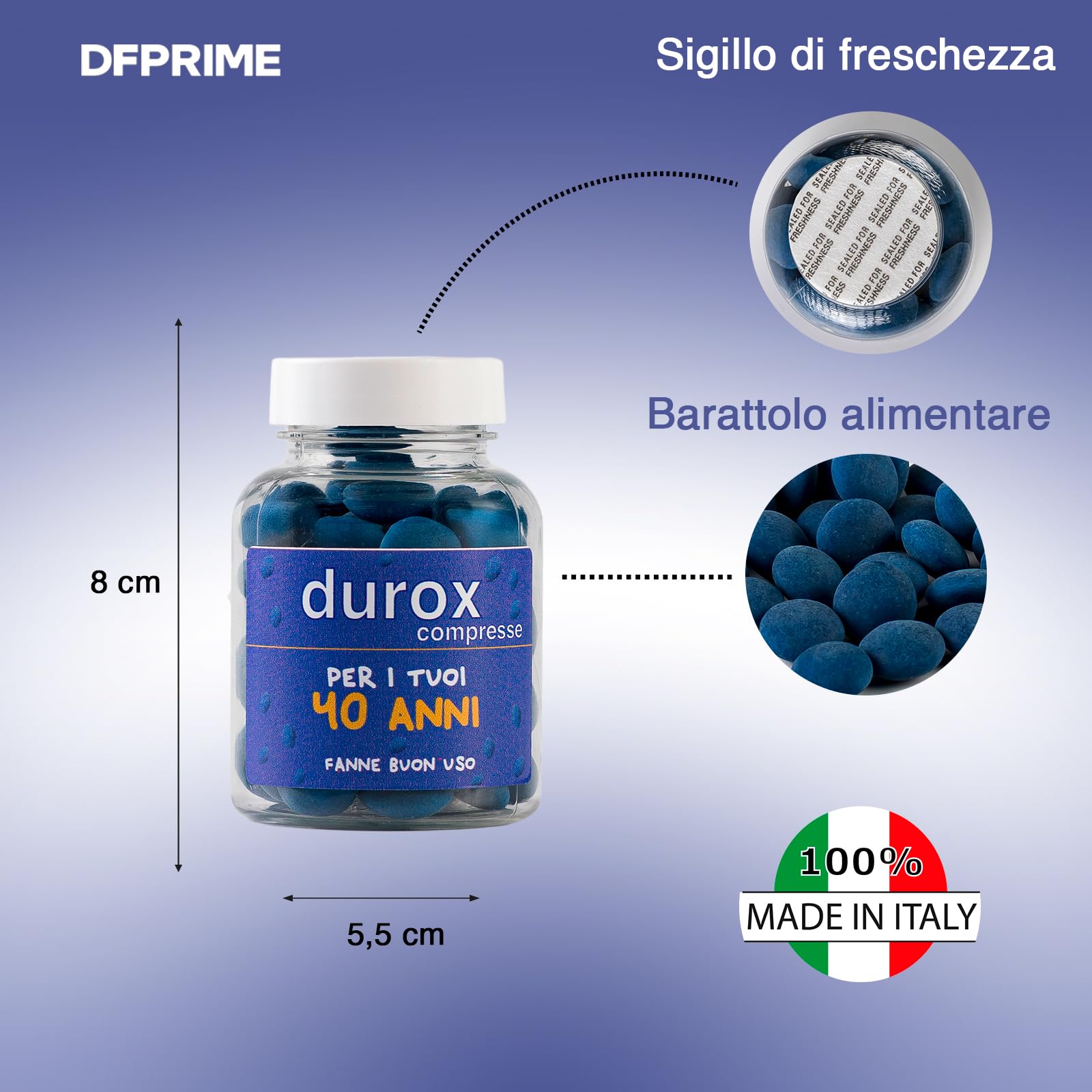 DUROX Compresse Blu 40 Anni – Scherzo Wiagras Goliardico per Uomo – Idea Regalo Divertente Compleanno 40 anni – Confetti Blu al Cioccolato – FANNE BUON USO