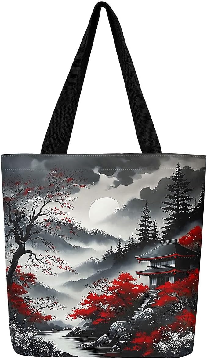 Castle Fairy Japanese Cherry Blossom Cat Canvas Tote Bag Aesthetic for Women Teens