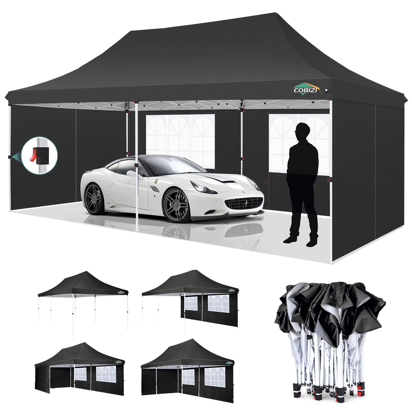 COBIZI10x20ft Pop Up Canopy Tent with 4 Removable Sidewalls, Easy Up Commercial Canopy, Waterproof and UV50+ Gazebo with Portable Bag, Adjustable Leg Heights,Party Tents for Parties