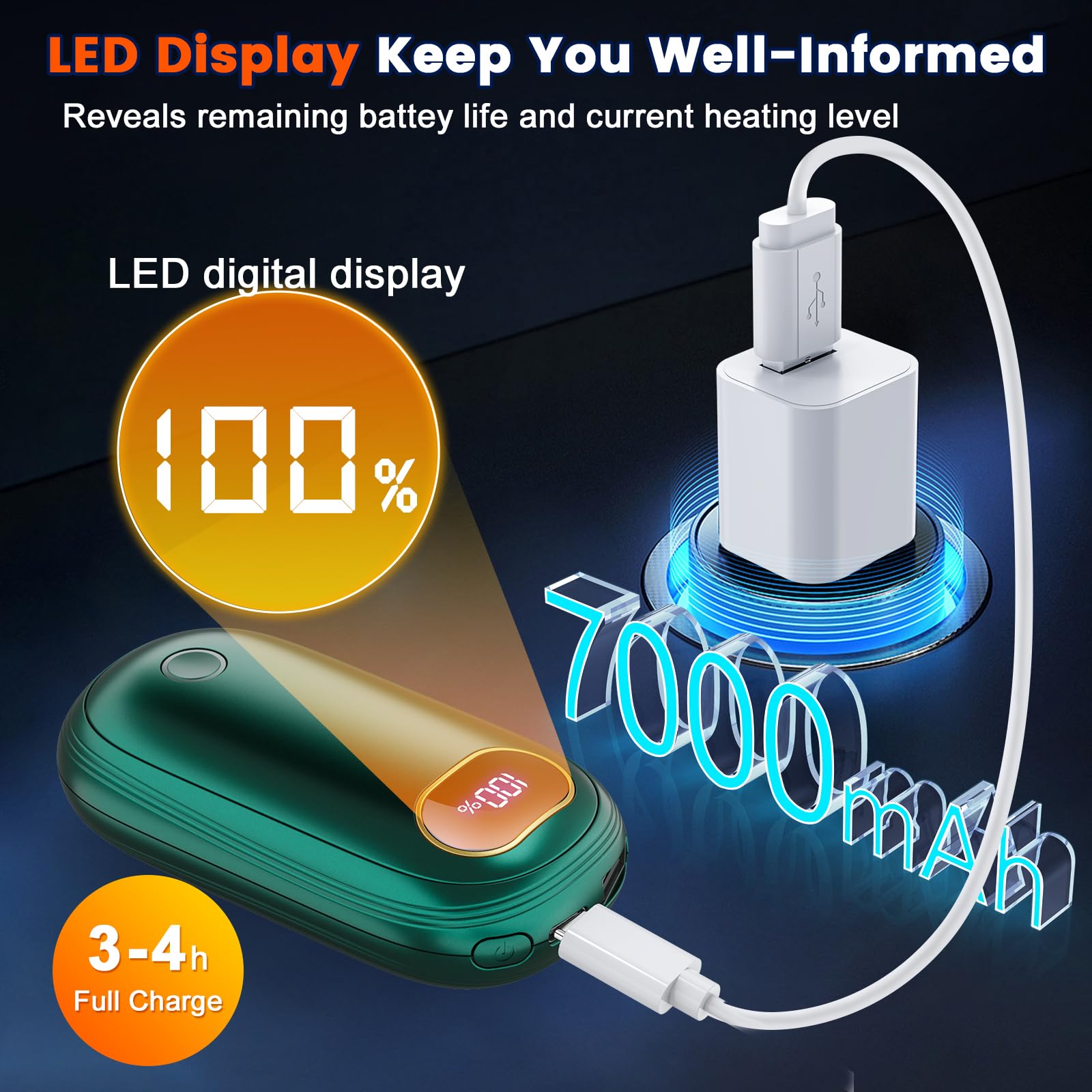 Hand Warmers Rechargeable, 7000mAh Single/Double Sided 17Hrs Max 131â„‰ 4 Levels Heating USB-C Reusable Electric Portable Handwarmers for Raynauds, Hunting, Golf, Camping, Women Men Warm Gifts (Green)