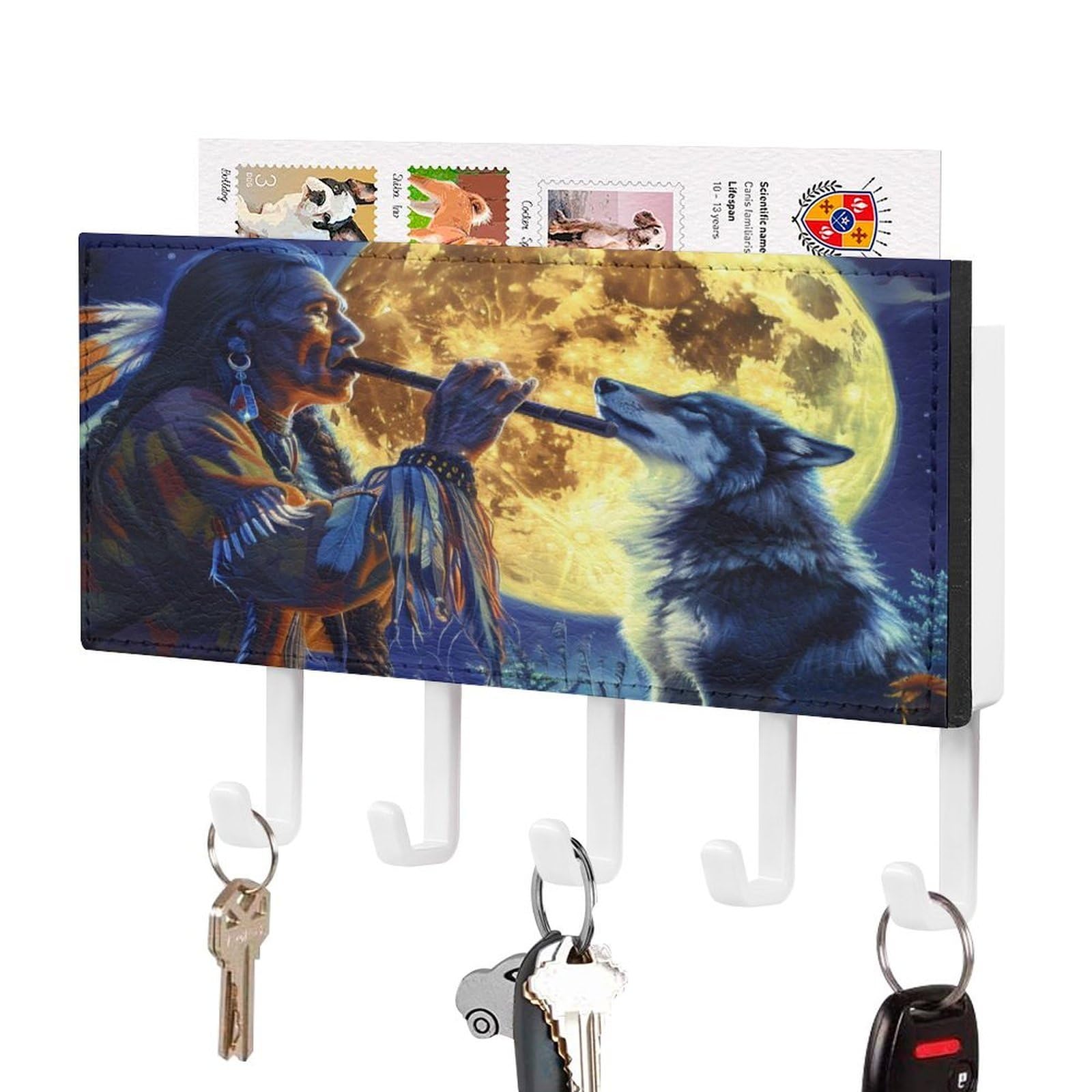 NCLQVJXZKHW Tribal Wolf Song Native Am-ericans Key Holder with 5 Hooks Key Hooks Wall Mounted Key Racks Key Hanger Organiser Shelf