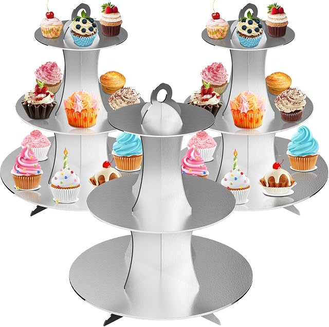 YANGTE Silver Cardboard Cupcake Stand 3 Tier Dessert Stand Round Cupcake Holder Tower for Birthdays, Party, Baby Showers- Pack of 3