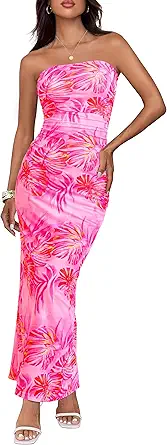 BTFBM Women's Floral Maxi Dresses Summer 2025 Strapless Tube Bodycon Mesh Layered Cocktail Party Wedding Guest Dress