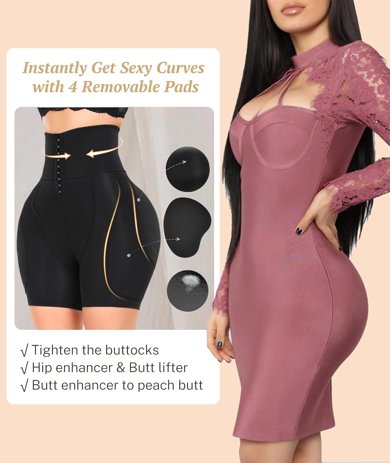 Women Hip Padded Butt Lifter Shapewear Tummy Control Shorts Hook Closure Removable 4 Pads for Bigger Butt - Image 3