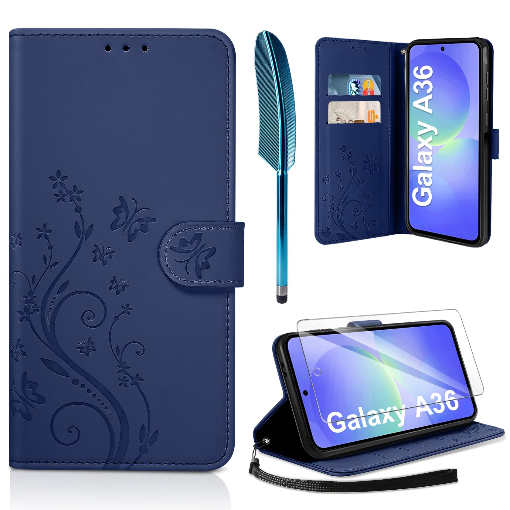 AROYI Lederhülle Kompatibel mit Samsung Galaxy A36 5G Hülle und Schutzfolie, Flip Wallet Handyhülle PU Leder Case Kartensteckplätzen Schutzhülle Kompatibel mit Samsung Galaxy A36 5G Dunkel Blau