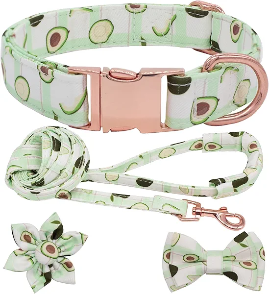 Hilkycton Dog Collar and Leash Set with Flower Bow Tie Girls Dog Collar Dog Tag Metal Buckle Adjustable for Small Medium Large Dogs Avocado-M