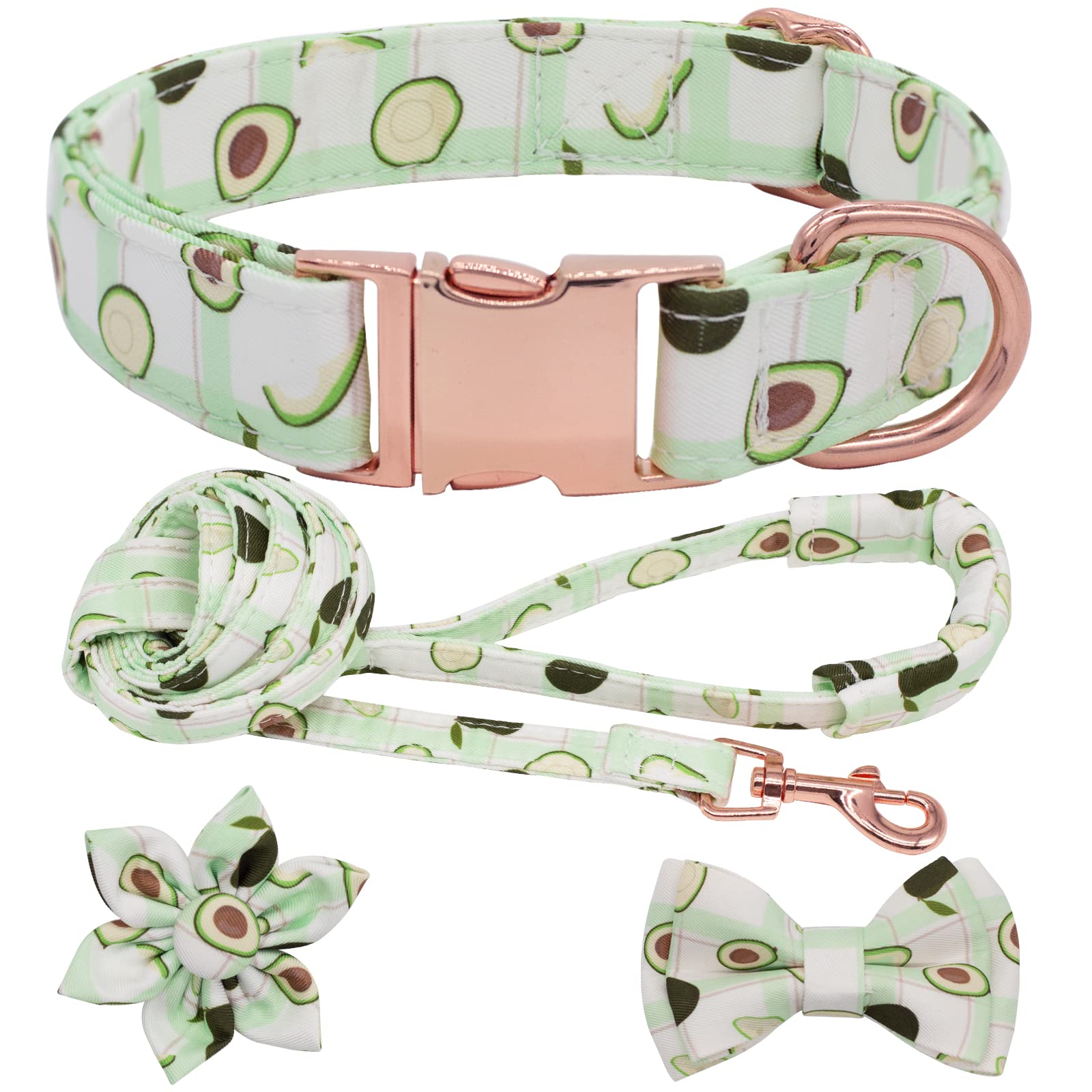 Dog Collar and Leash Set with Flower Bow Tie Girls Dog Collar Dog Tag Metal Buckle Adjustable for Small Medium Large Dogs Avocado-S