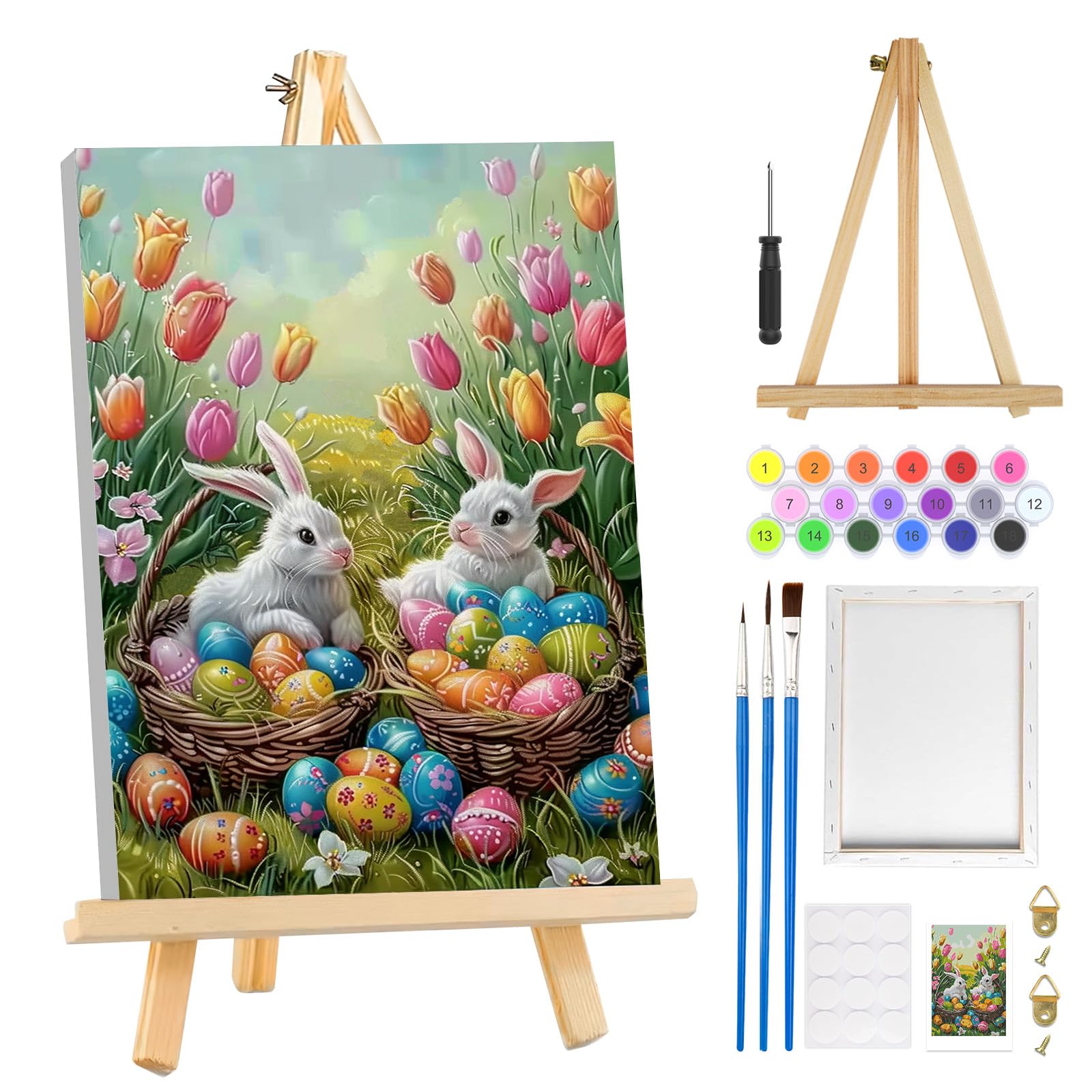MOGTAA Easter Bunny Paint by Numbers for Adults Beginners with Frame, Easter Eggs Painting by Numbers for Adults with Easel, Easy DIY Flowers Oil Painting Kits Art Crafts for Home Decor, 8x12in
