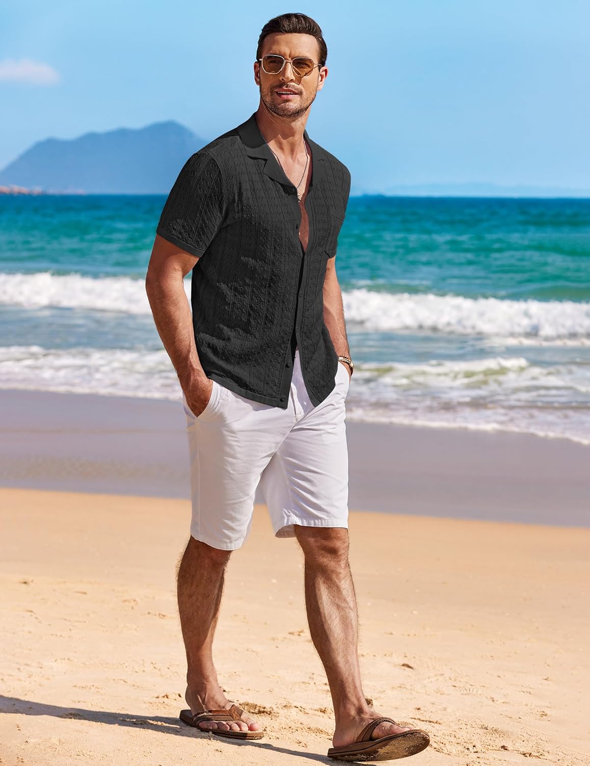 COOFANDY Men's Knit Shirts Short Sleeve Button Down Casual Polo Shirt Summer Beach Vacation Shirts