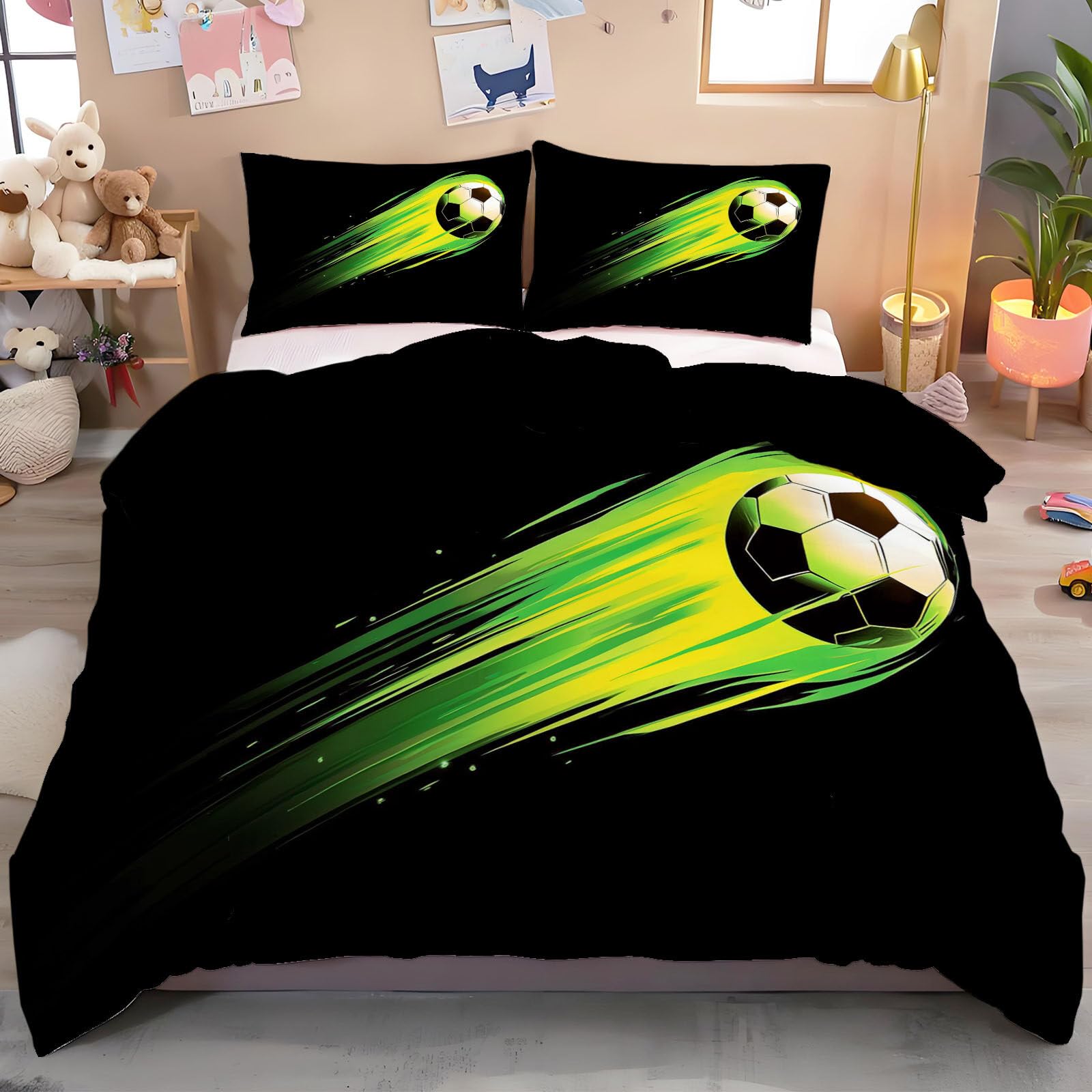 Housse de couette 140x200 football jaune et vert avec sa taie d'oreiller en microfibre
