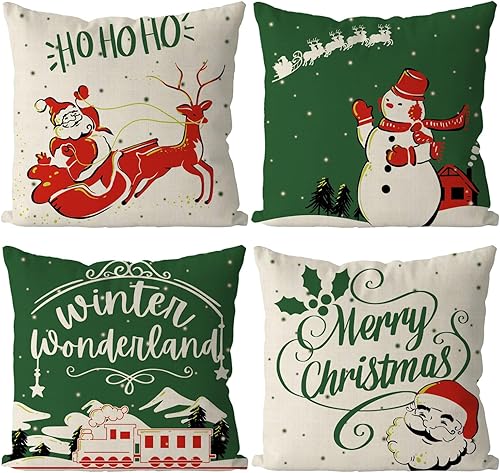 Juego de 4 fundas de almohada navideñas de 18 x 18 pulgadas, diseño de muñeco de nieve, ciervo, verde, para decoración del hogar, sala de estar,