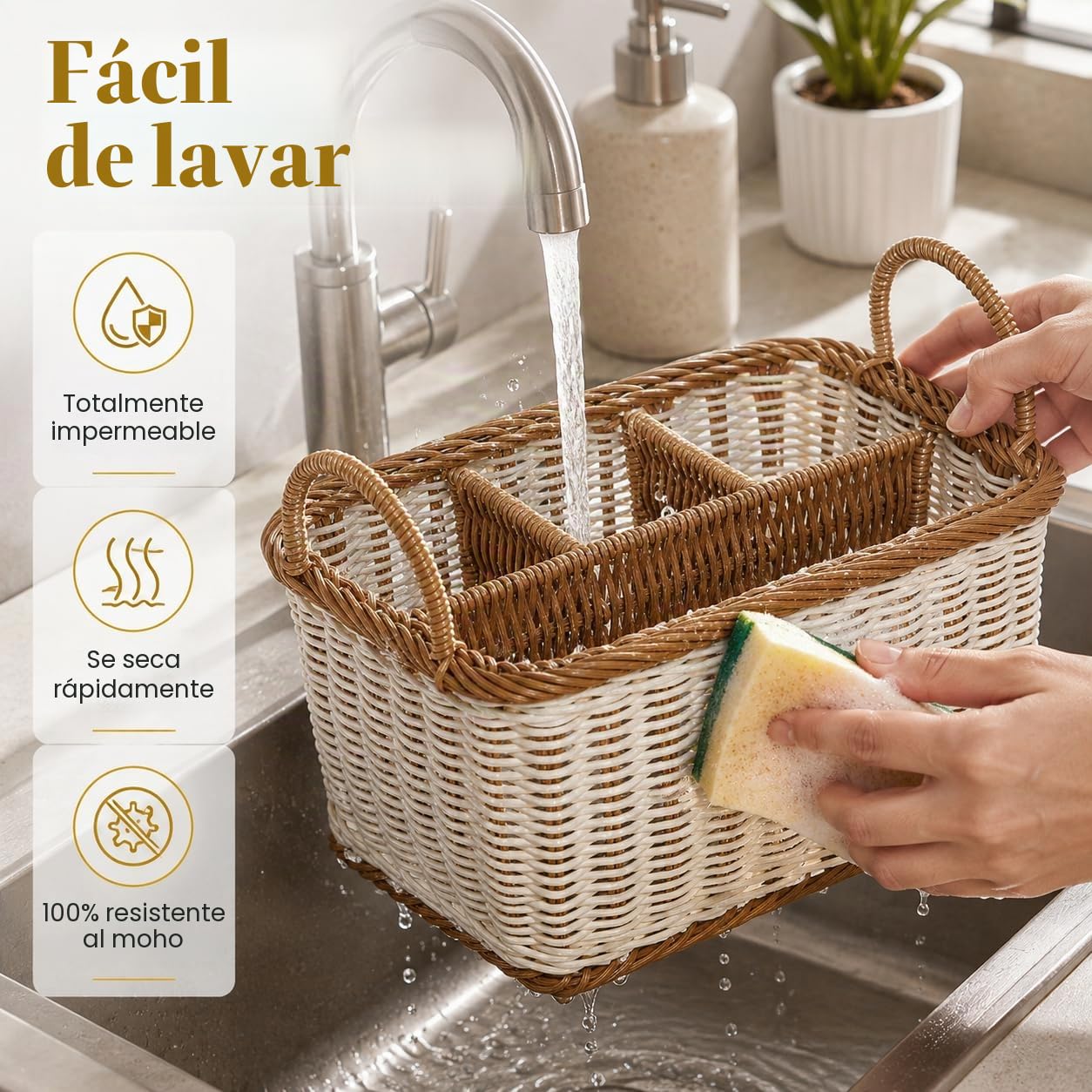 Hemoton Cesta De Almacenamiento De Ratán Sintético Con 4 Compartimentos, Organizador De Cubiertos Y Utensilios Para Cocina, Comedor, Jardín O Picnic