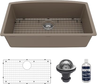 Karran 32 Inch Undermount Quartz Composite Kitchen Sink Single Bowl, Deep Basin, Scratch & Heat Resistant, Nonporous Matte Finish, Includes Grid Strainer and Cleaning Kit QU-712 Concrete
