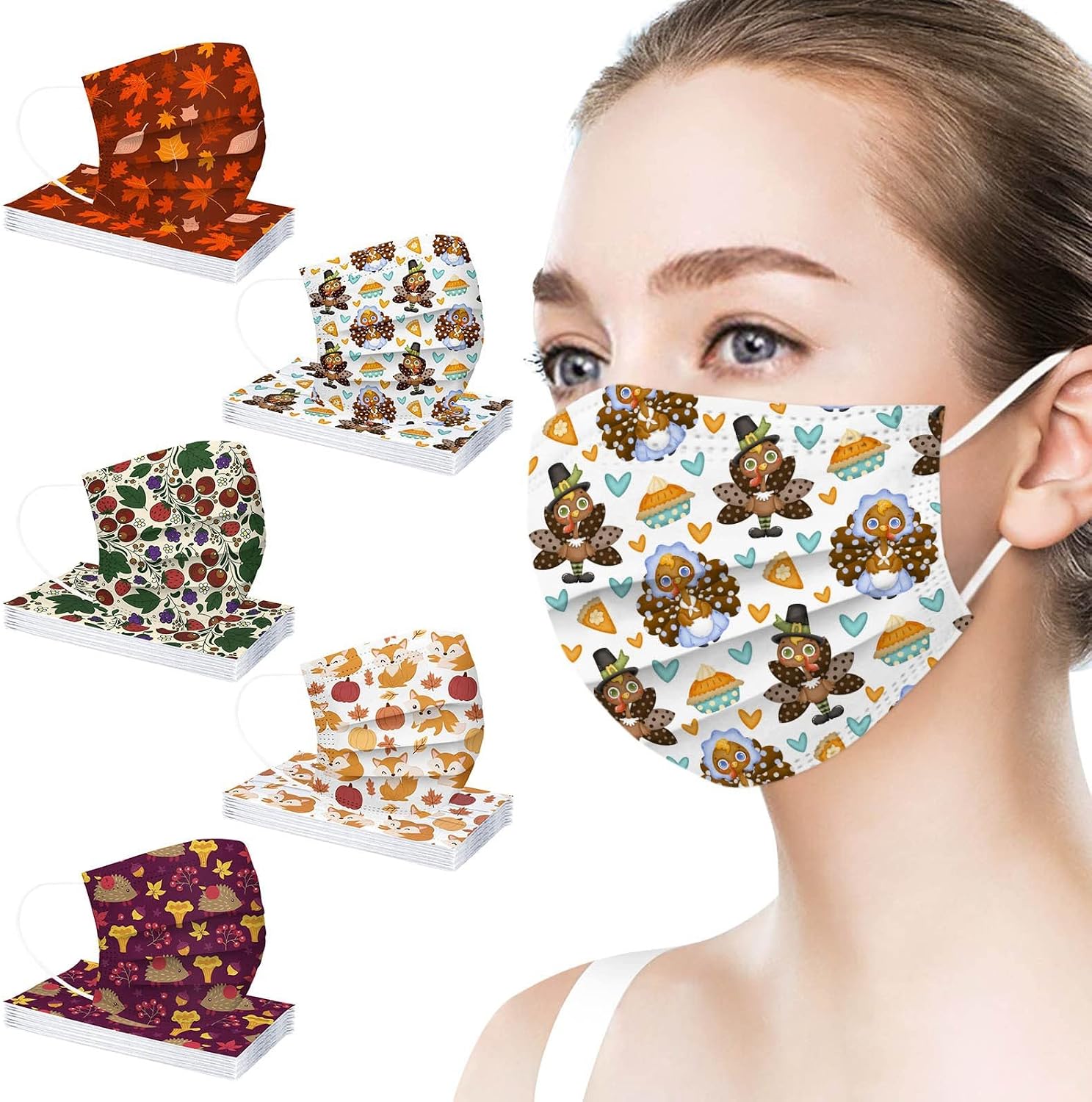 50Pcs Fall Thanksgiving Disposable Face Cover for Adults | 3-Ply Maple Pumpkin Turkey Pattern Design with Nose Wire
