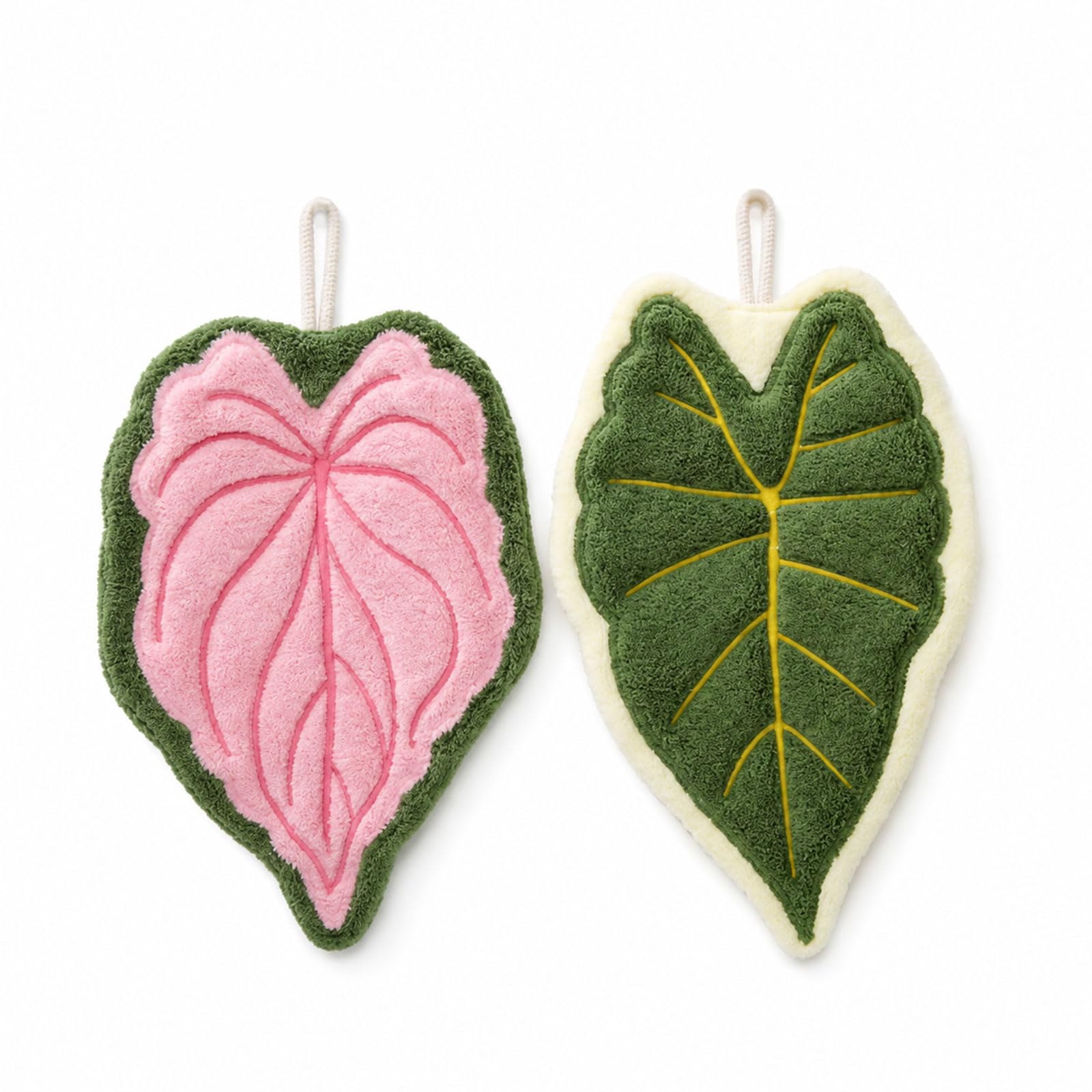 Floruvia 2-Pack Leaf Shape Hand Towels Coral Fleece, Kitchen Towel, Super Absorbent Quick Dry Lint-Free for Bathroom Kitchen Living Room (Green Pink)