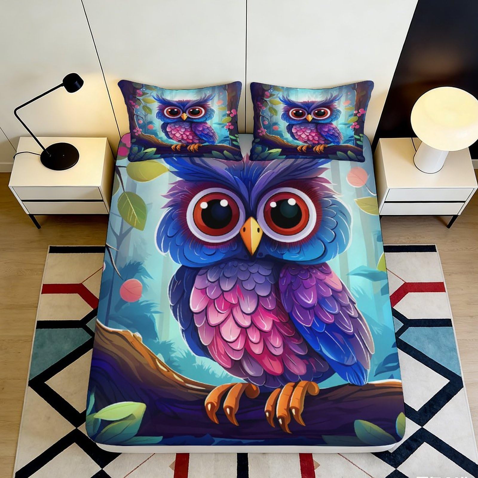 3D Printed Colorful Owl Fitted Sheet Microfiber Soft Breathable Forest Bird Mattress Cover for Bedroom Dormitory Guest Room Protection Decor 160x200x25cm
